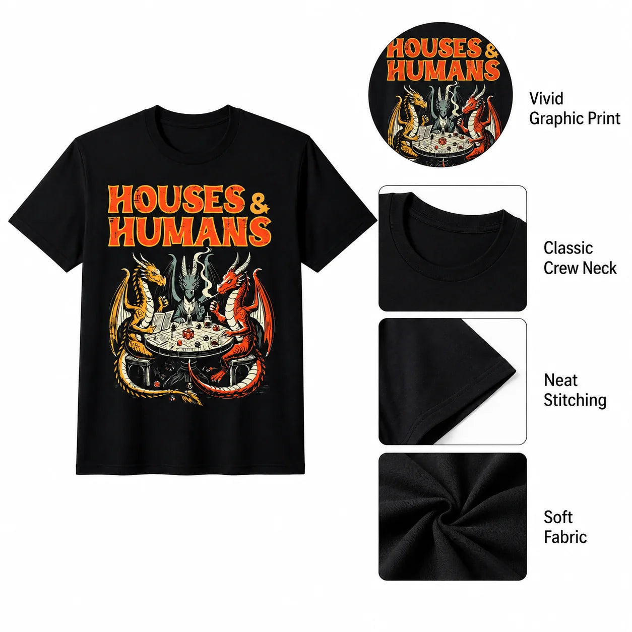 Men's fun "Dungeons and Dragons" inspired T-shirt Houses and humans spoof game player tops with dragons and wizards