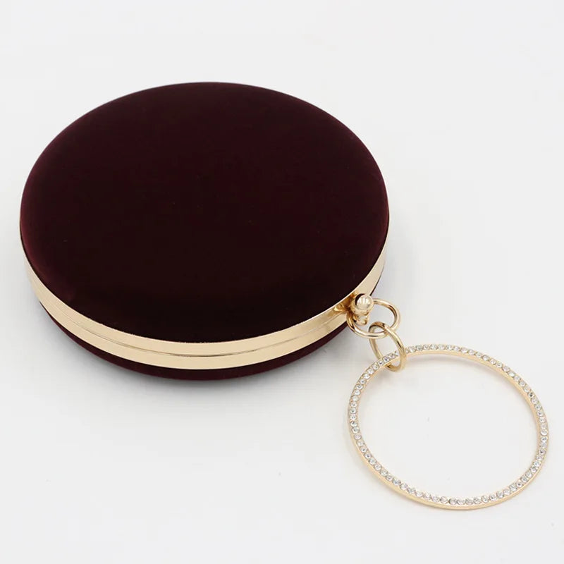 Women Velvet Evening Bag Party Metal Crystal Round Clutches Evening Bags Wedding Bag Bridal Shoulder Handbag Clutch Purse