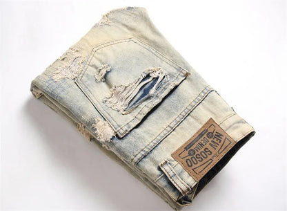 Summer Worn and Scratched Jeans Men's Small Feet Perforated Pockets Ragged Edges Long Pants Slim Fit Printing High Street Tide 2
