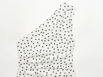 Women One Shoulder Sleeveless Polka Dot Mini Dress Ruched Waist Ruffle Hem Elegant Casual Party Short Dress Spring Summer