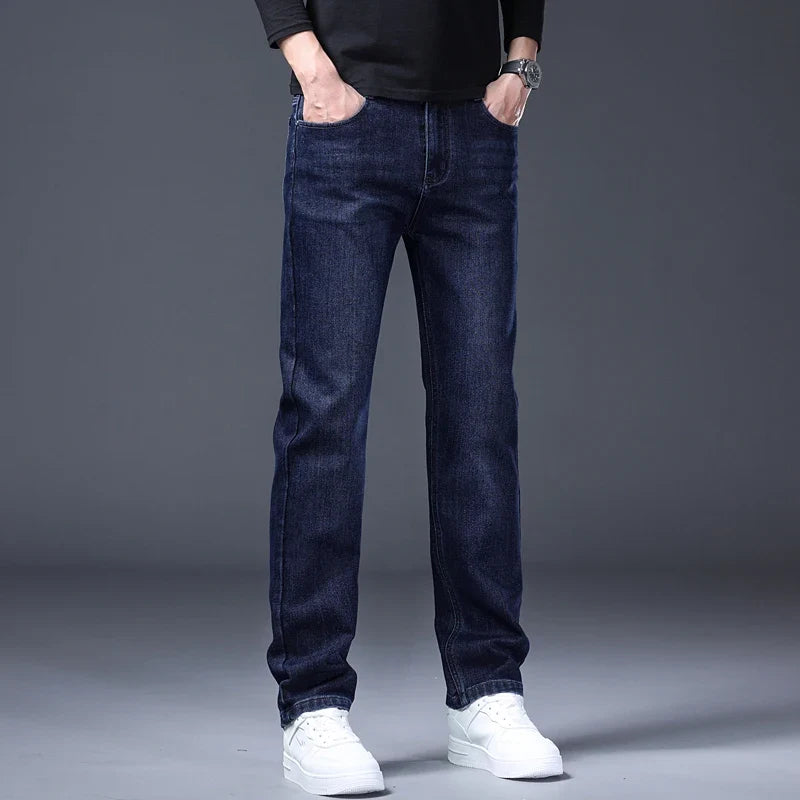 Classic Straight Men's Jeans Spring Slightly Thick Elastic Casual Office Business Trousers Fashion Comfort Washed Denim Pants