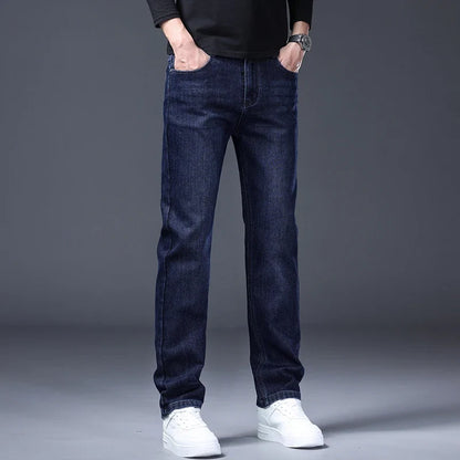 Classic Straight Men's Jeans Spring Slightly Thick Elastic Casual Office Business Trousers Fashion Comfort Washed Denim Pants