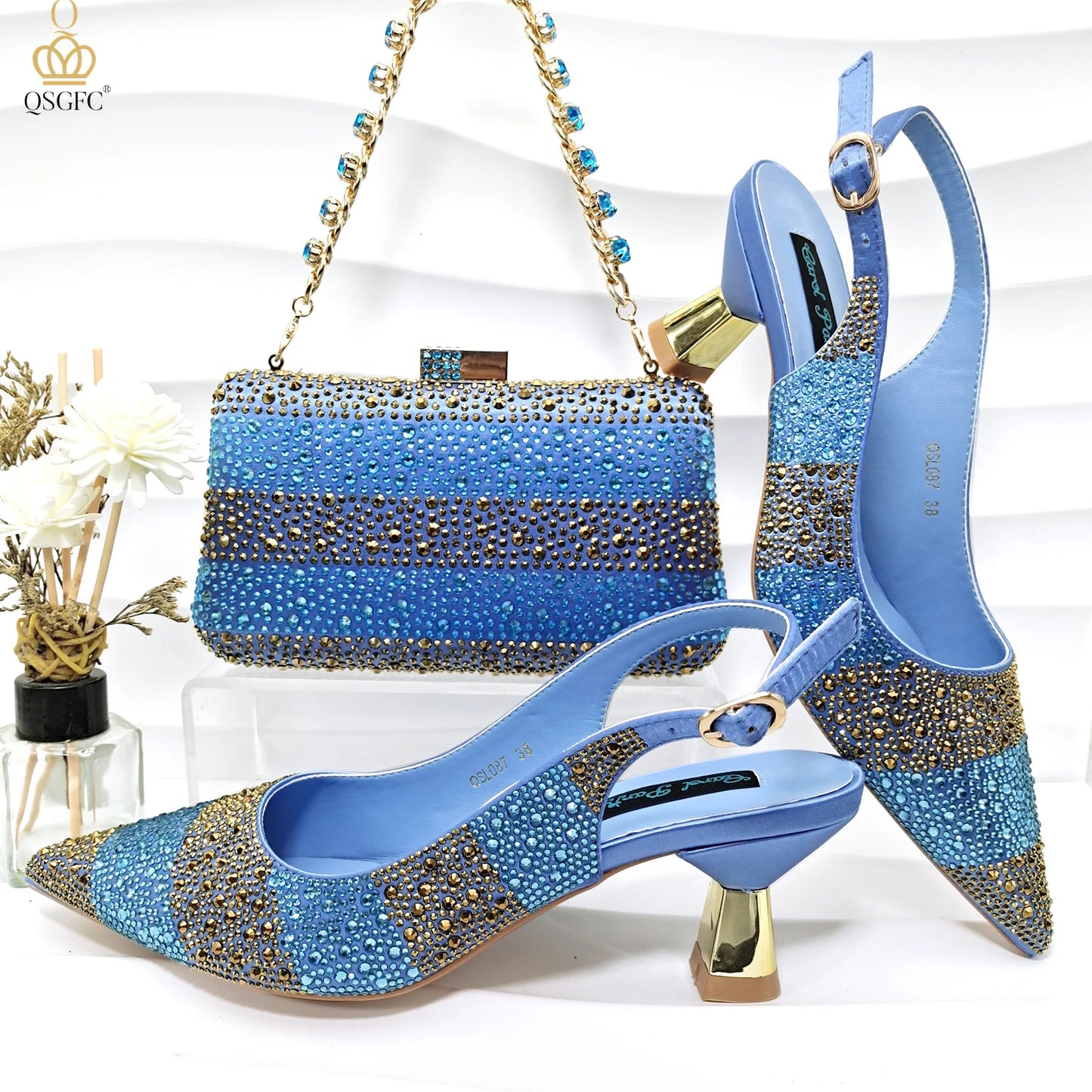 Gold Color Elegant Women Heels Shoes and Bag Set Hollow Rhinestones  High Heels Wedges Shoes Matching Bag