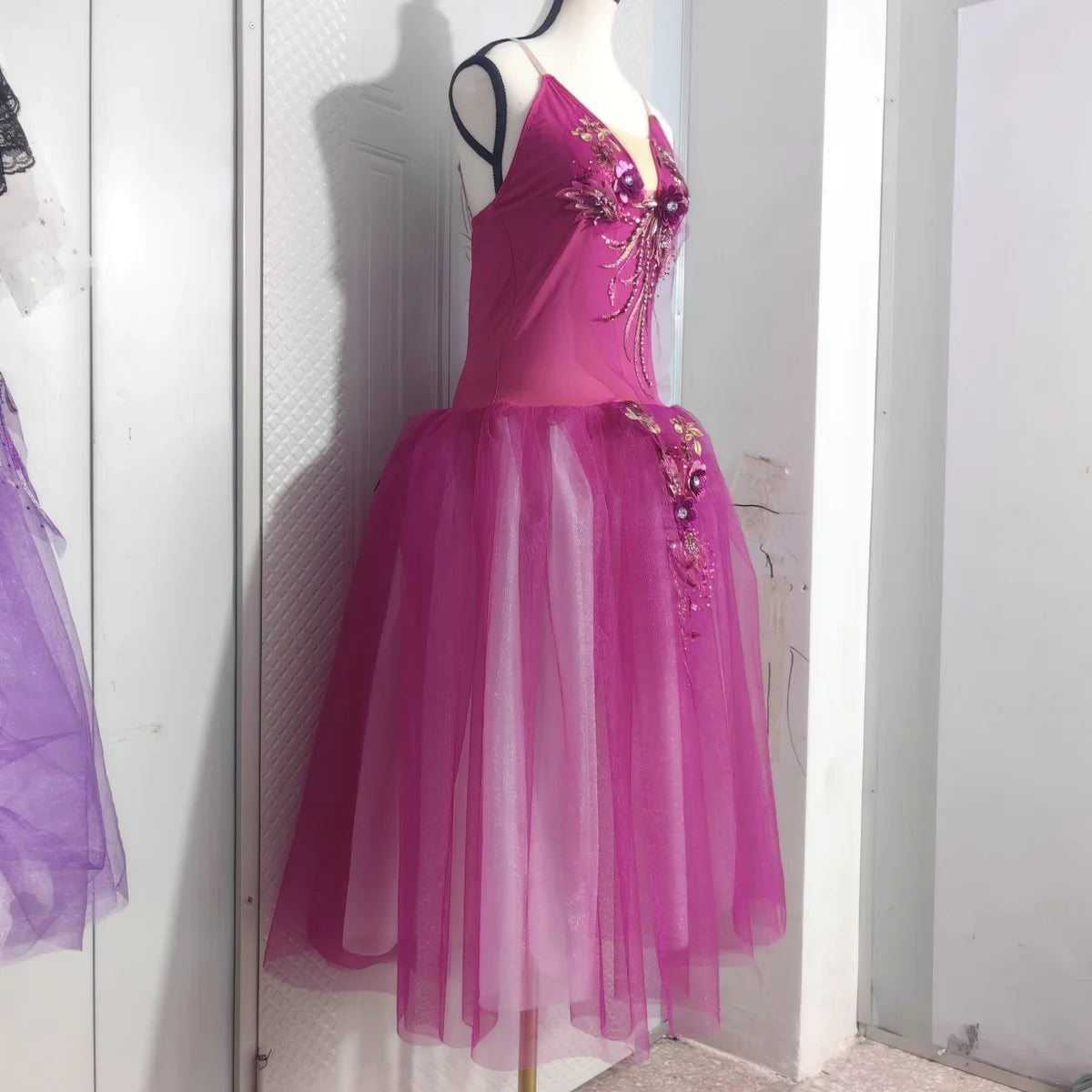 Long Ballet Tutu Skirts Blue 3d Flower Dress Performance Costumes Princess Dance Practice Romantic Dress