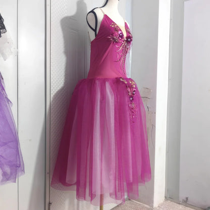 Long Ballet Tutu Skirts Blue 3d Flower Dress Performance Costumes Princess Dance Practice Romantic Dress