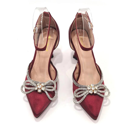 2023 Ladies Pointed-Toe Party High Heels Magenta Colour Bow Rhinestone Stereo Bag Evening  African Wedding Shoe And Bag Set