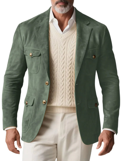 1970s Men's Suede Blazer Retro Slim Fit Two Buttons Multi Pocket High Quality Jacket Fashion Casual Sport Coat For Daily Wear
