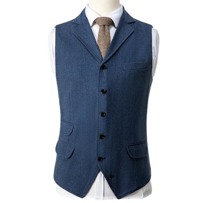 Men Vest Blue Herringbone Single Button With Lapel Waistcoat For Wedding Birthday Banquet Party Business Work Men Suit Vest