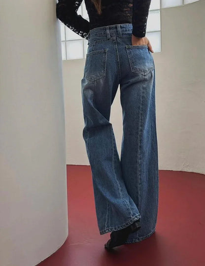 Retro High Waist Slim Fit Blue Jeans Women's Autumn Winter Straight Leg Long Pants Wide Leg Pants Classic Waed Denim