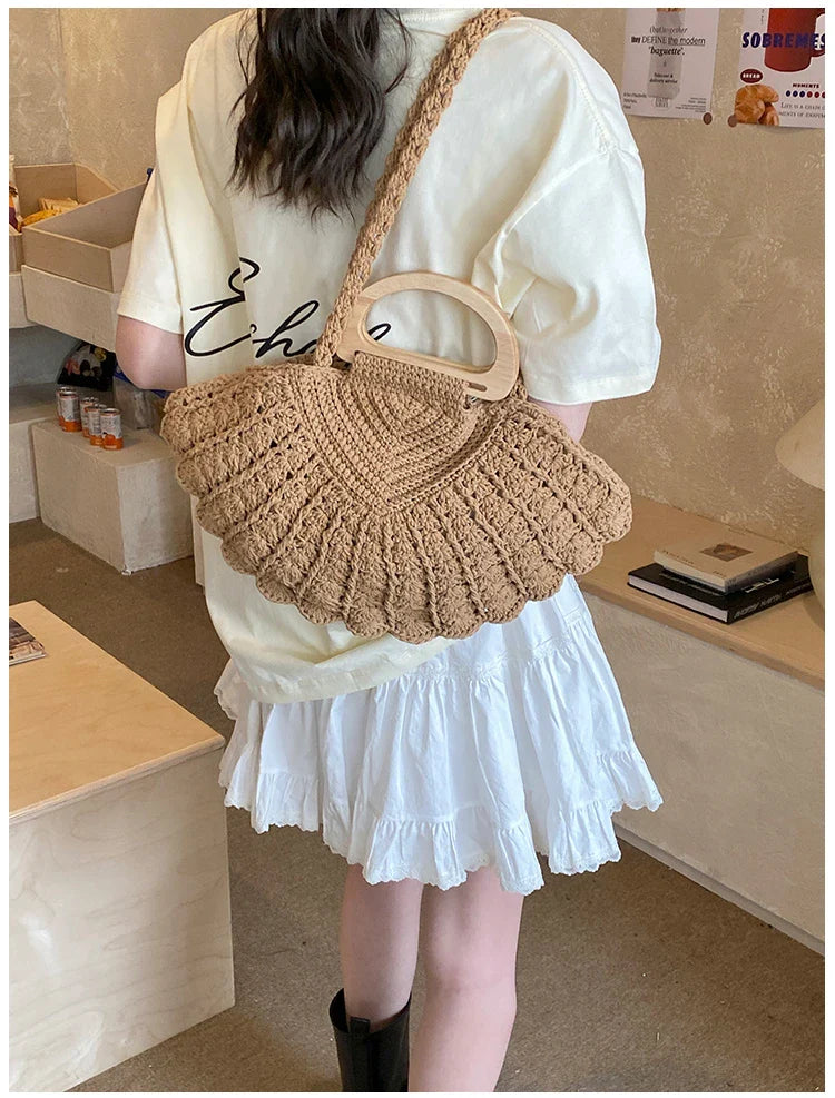 2026 New Retro Fan-shaped Crochet Woven Underarm Bag for Women Ins Style Seaside Vacation Versatile Wooden Handle Shoulder Bag