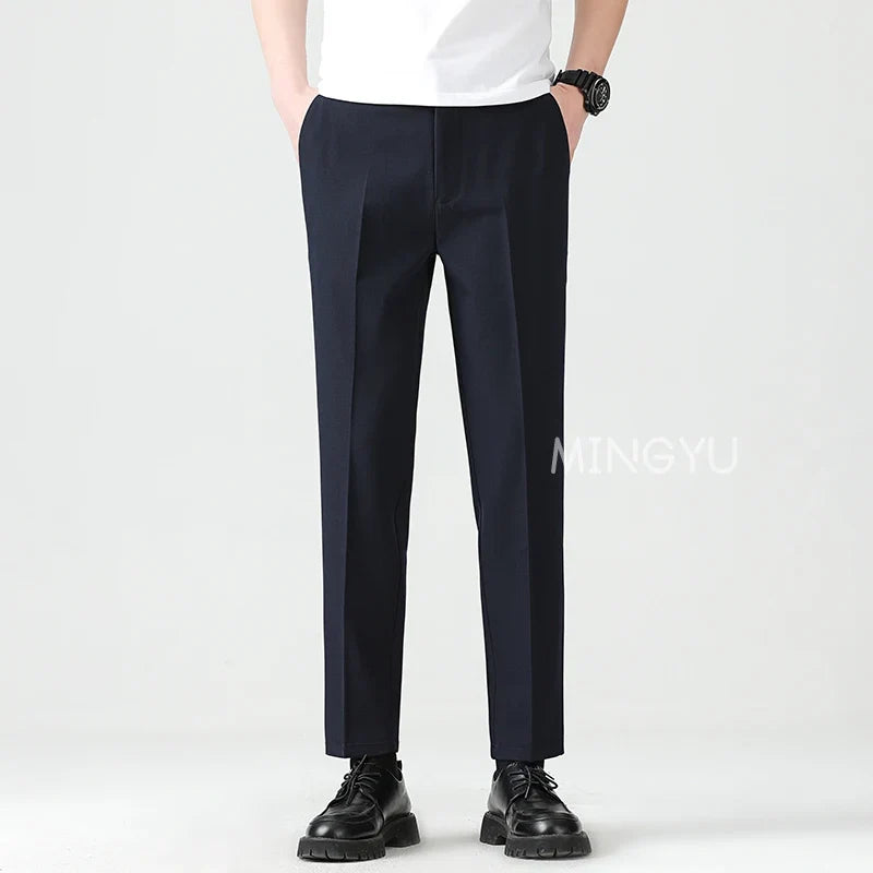 High Quality Lyocell Blend Summer Ankle Length Pants Men Business Elastic Waist Formal Suit Korean Social Work Trousers Male 40