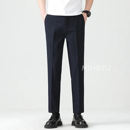 High Quality Lyocell Blend Summer Ankle Length Pants Men Business Elastic Waist Formal Suit Korean Social Work Trousers Male 40