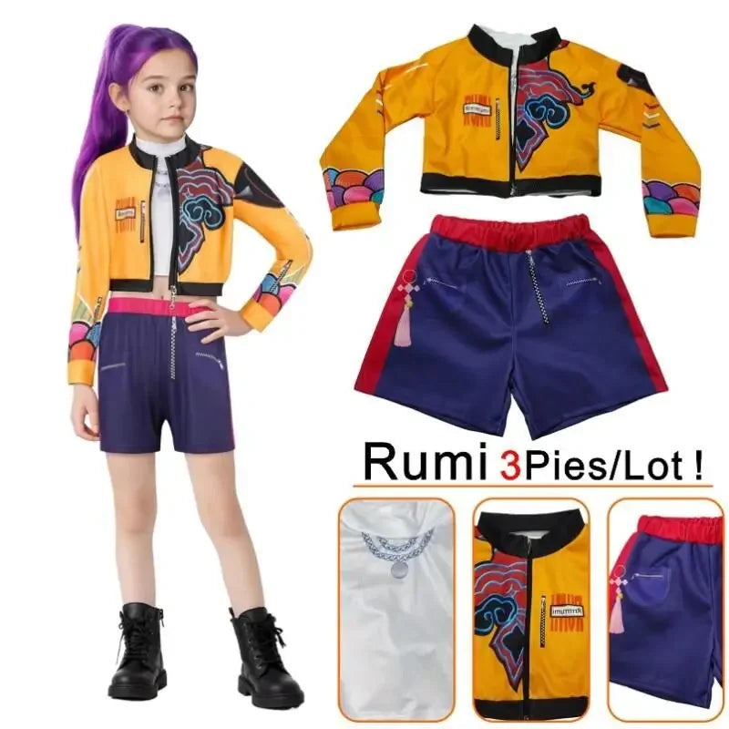Movie Rumi Cosplay Costume for Girl Halloween Carnival Christmas Rumi Orange Jacket Vest and Shorts Three-piece Set Dress Up