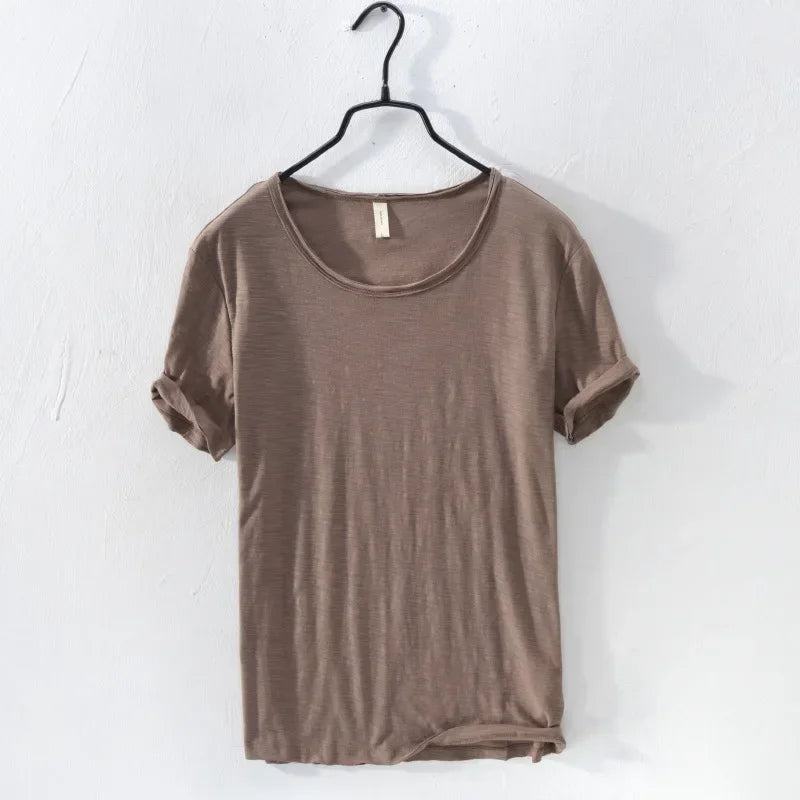 Retro Raw Edge T-Shirt for Men 100% Cotton Lightweight & Breathable Slim-Fit Monochromatic O-Neck Summer Streetwear Essential