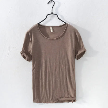 Retro Raw Edge T-Shirt for Men 100% Cotton Lightweight & Breathable Slim-Fit Monochromatic O-Neck Summer Streetwear Essential