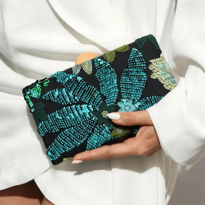 Green Sequin Embroidered Floral Evening Bag Ladies Square Box Bag Unique Pattern Glittering Party Wedding Dance Suitable