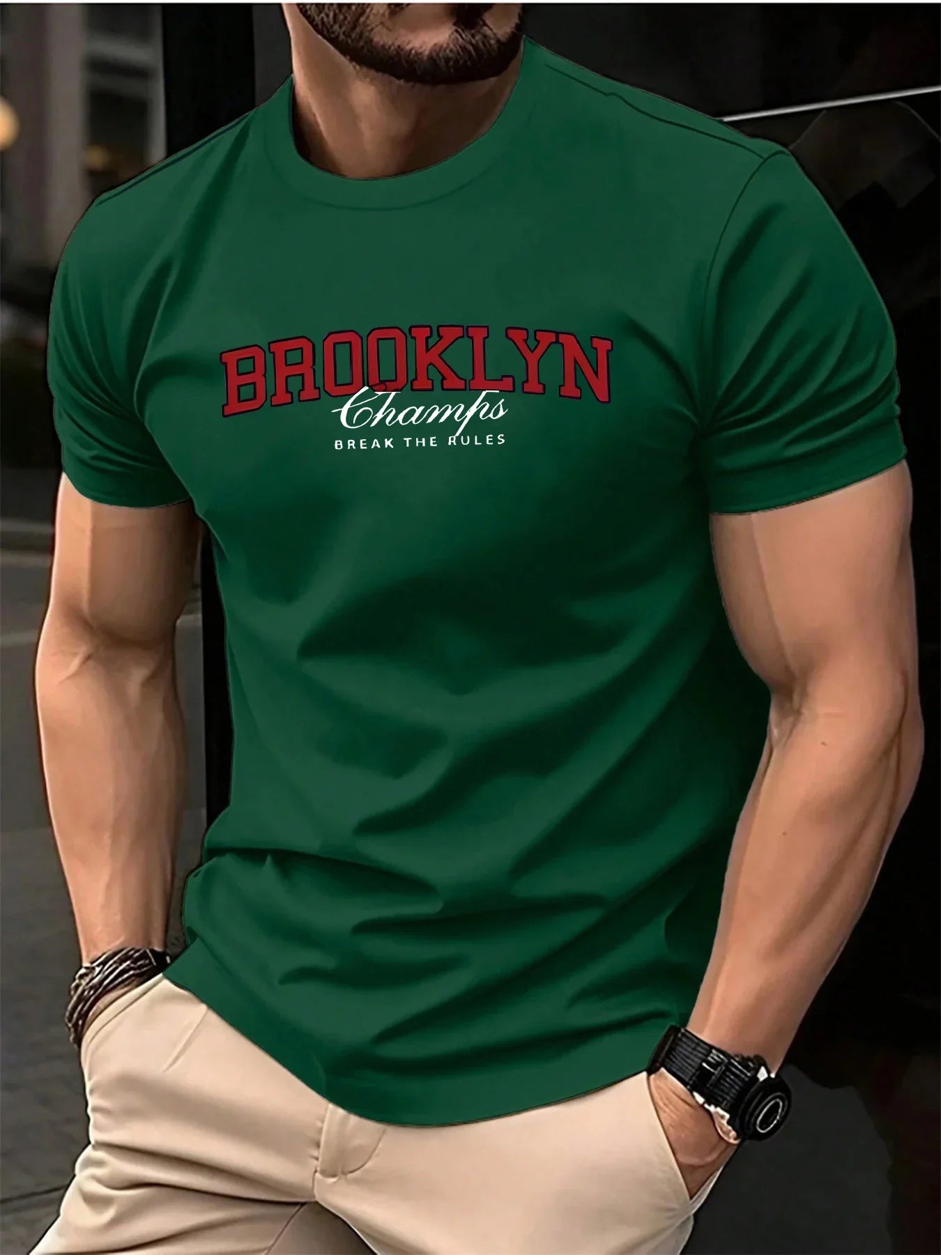 Men's Summer 100% Cotton Fashionable Casual Loose Brooklyn Pattern Printed Sports Round Neck Short Sleeve T-shirt Top
