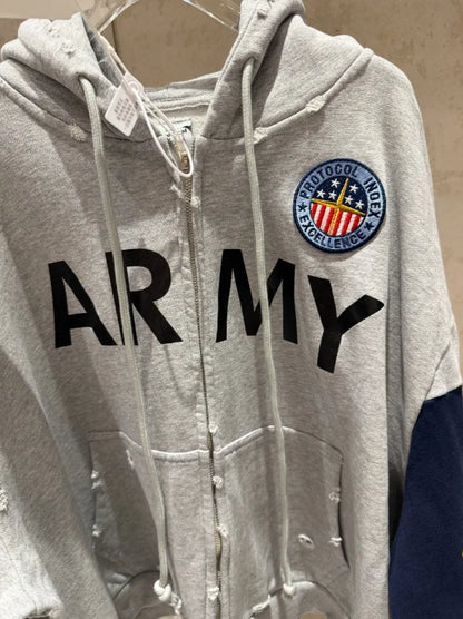 2026 Patchwork ARMY Vintage Damaged Cardigan Pullover Men Women Best Quality Hoodie