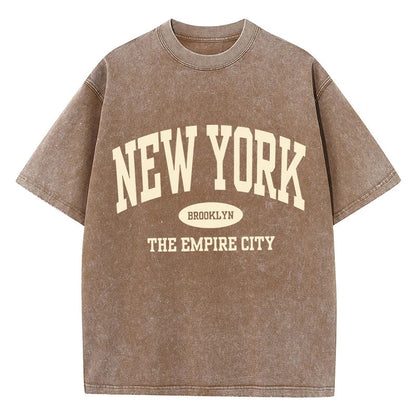 New York Brooklyn Letter Printed Washed T-Shirts Women Cotton Tops Comfortable Distressed O-Neck T Shirts Summer Womans Clothes