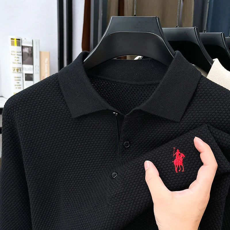 Light Luxury Cotton Long Sleeved T-shirt Men's Fashion Trend Lapel Autumn Paul Embroidery Polo Shirt Men's Long Sleeved Clothes