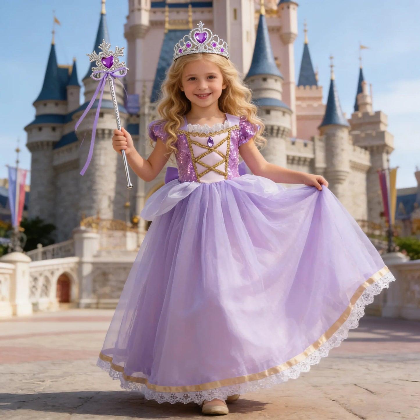 Baby Girls Deluxe Elegant Rapunzal Princess Dress Cosplay Costume Kids Halloween Birthday Party Vestido Purple Puffy Dresses
