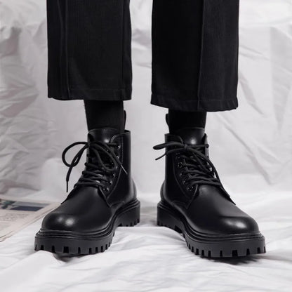 Black Men's Casual Leather Boots Fashion Winter Men Work Boot Mens Shoes Non-slip Designer High Top Ankle Boots Motorcycle Shoes