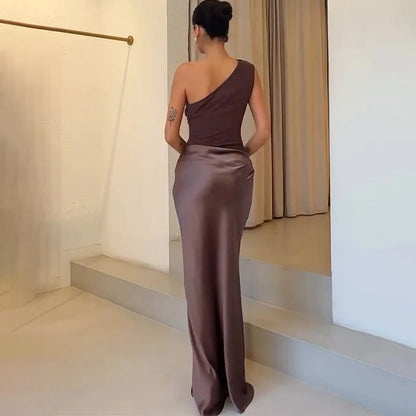 Patchwork Satin Sexy Dress Women One Shoulder Brown Sleeveless Evening Maxi Dress 2025 New Summer Elegant Party Clubwear Dresses