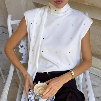 Satin Scarf Neck Polka Dot Printing Women Blouse Fashion Full Sleeve Loose Basic Shirt Lady Spring Highstreet Commute Wears New