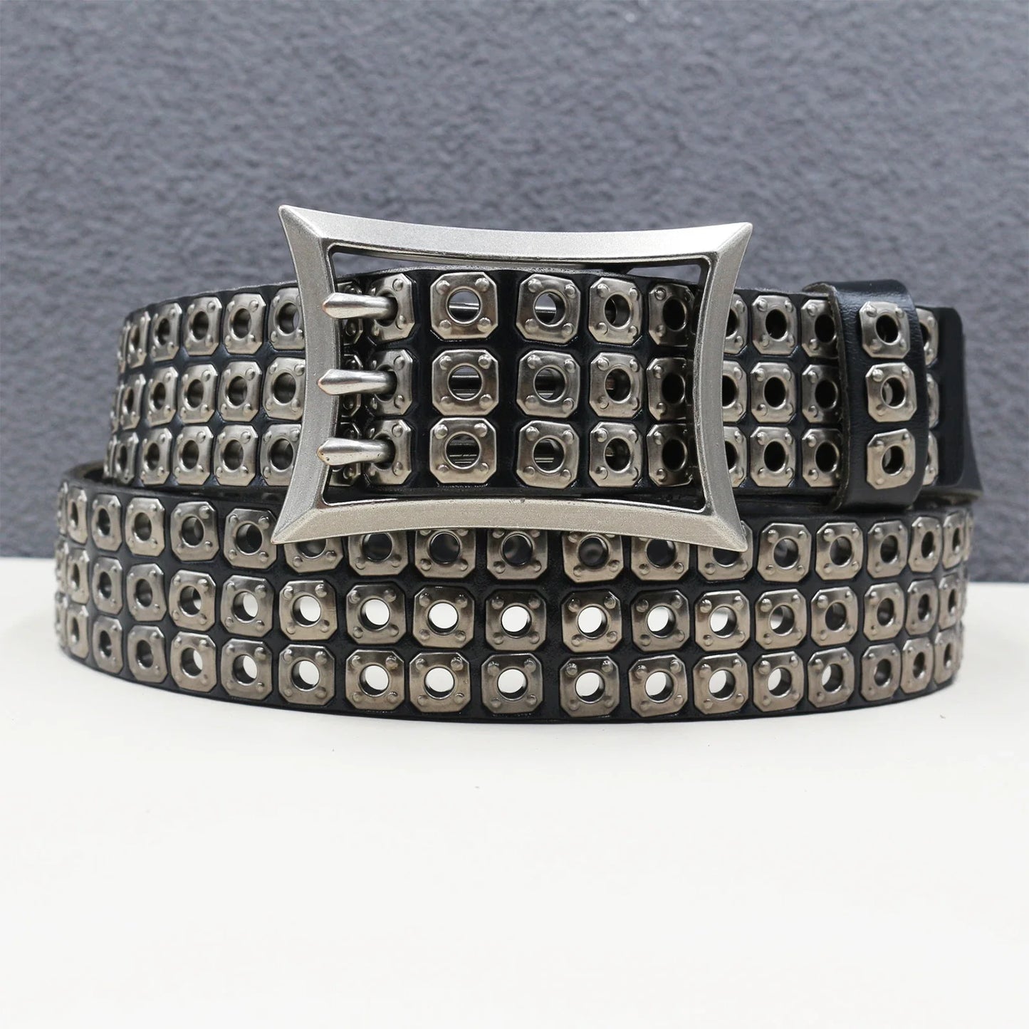Rock Genuine Leather Luxury Punk Belt Jeans Heavy duty Hollow manual  Designer Brand Belt Men Rivet Three-pin buckle Belt Male
