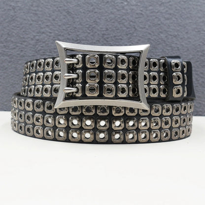 Rock Genuine Leather Luxury Punk Belt Jeans Heavy duty Hollow manual  Designer Brand Belt Men Rivet Three-pin buckle Belt Male