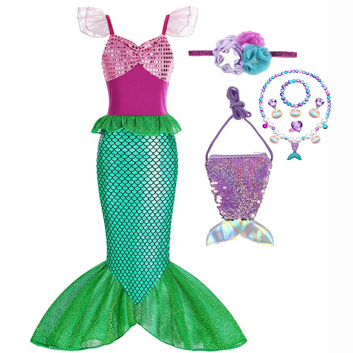 Halloween Little Mermaid Ariel Princess Costume Summer Purple Dress Girls Cosplay Mermaid Carnival Birthday Party Swimsuit Set