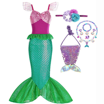Halloween Little Mermaid Ariel Princess Costume Summer Purple Dress Girls Cosplay Mermaid Carnival Birthday Party Swimsuit Set