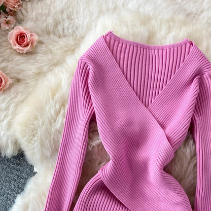 Autumn Winter 2025 Women Dress Elegant Cross V-neck Slim Waist Knitted Bodycon Dress Korean Office Lady Vestidos
