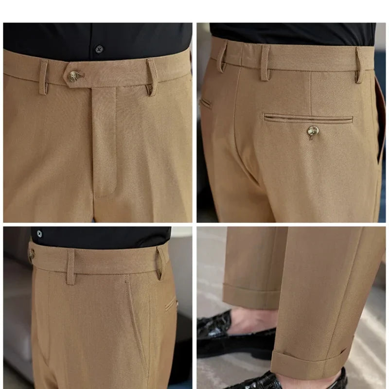 2024 New Men's Slim Fit Tapered Dress Pants Apricot Pearlescent Texture Business Casual Suit Trousers Spring Clothes