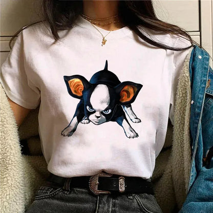Pug Print WomenT-shirt Casual Basics O-collar White Shirt Short Sleeve Ladies T-shirt Harajuku Street