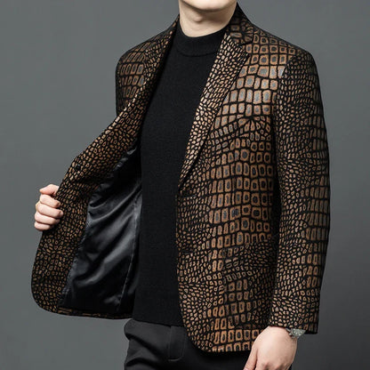 Luxurious Sheepskin Blazers For Men Smooth Casual Leather Jacket Winter Top Quality Leopard Print Slim Gentleman Terno Masculino