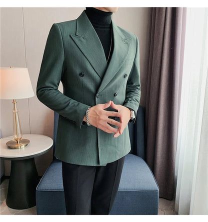 Classic Luxury Striped Men Suit Jacket Fashion Double Breasted Business Office Wedding Tuxedos Male High Quality Slim Fit Blazer