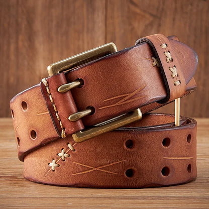 3.8CM Original Genuine Leather Army Tactical Belt Double-needle Buckle Men's Belt Washed Water Made Old Macho Jeans Belt
