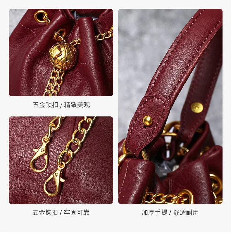 New Vintage Fashion Chain Bag Genuine Leather Multi-Way Bucket Bag for Women Compact Stylish Crossbody Purse