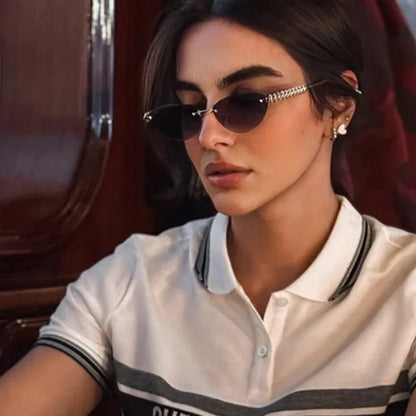 2026 Cat Eye Rivet Rimless Sunglasses Women Luxury Fashion Brand Oval Narrow Sun Glasses Shades Trendy Elegant Unique Eyewear