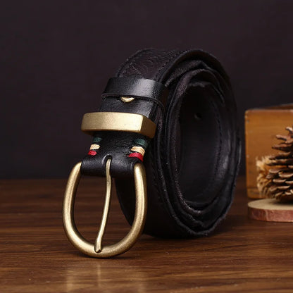 3.5CM High Quality Belt Men's Genuine Leather Top Layer Pure Cowhide Brass Buckle Jeans Vintage Strap Male Jeans for Man Luxury