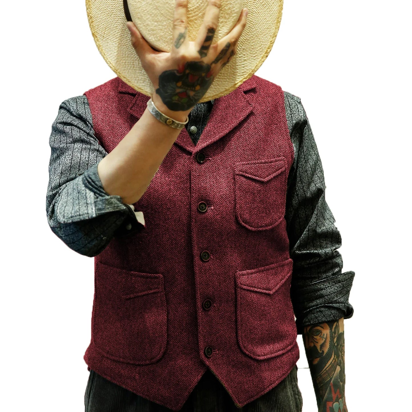 Men's British Casual Suit Vest Herringbone Tweed Vest Notch Lapel Business Dress Waistcoat