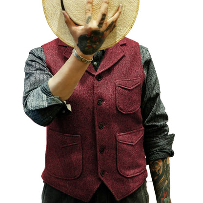 Men's British Casual Suit Vest Herringbone Tweed Vest Notch Lapel Business Dress Waistcoat