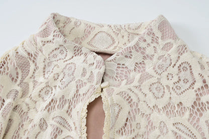 Turtleneck Long Flare Sleeve Patchwork Lace Hollow Out Button Sexy Mini Dress 2025 Spring Women Clothes Party Nightclub
