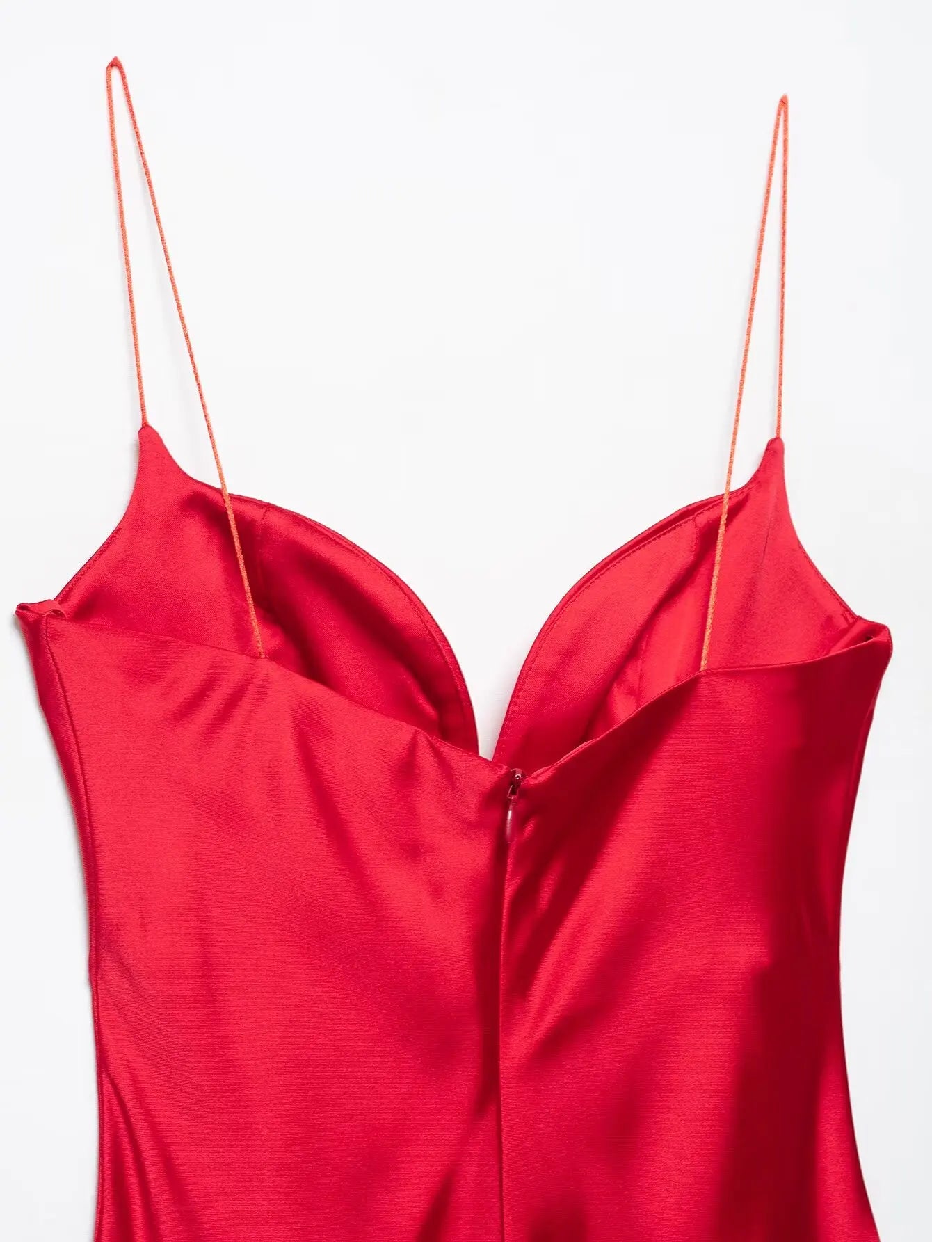 2025 Women Red V-Neck Holiday Style Satin Texture Long Dress Sleeveless Summer Women's Back Zipper Fashion Sling Dresses