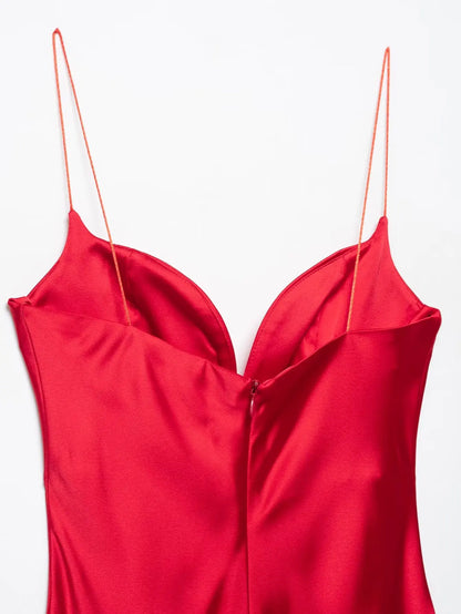 2025 Women Red V-Neck Holiday Style Satin Texture Long Dress Sleeveless Summer Women's Back Zipper Fashion Sling Dresses