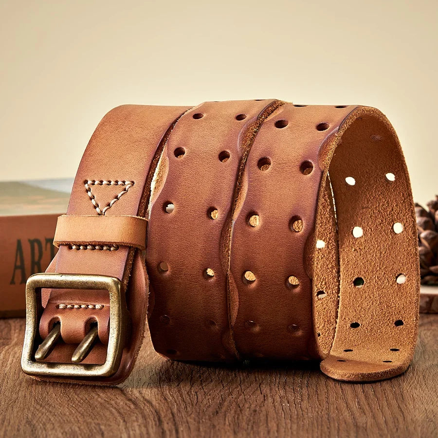 Thick Original Leather Belt Vintage Men Wide Belt Male Cowhide Real Genuine Leather Double Prong Buckle Strap Cowboy Jeans Belt