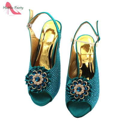 African Mature Women Shoes and Bag to Match in Teal Color Comfortable Heels with Platform for Garden Party