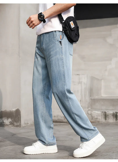 Thin Light Men's Summer Jeans Straight Fit Lyocell Denim Pants Male Elastic Elegant Casual New Style Stretch Relaxed Fit Telaxed