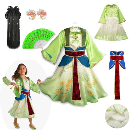 Mulan Cosplay Costume Girl Chinese-style Long-sleeved Hanfu with Hair Accessories Necklace Halloween Girl Hero Costume